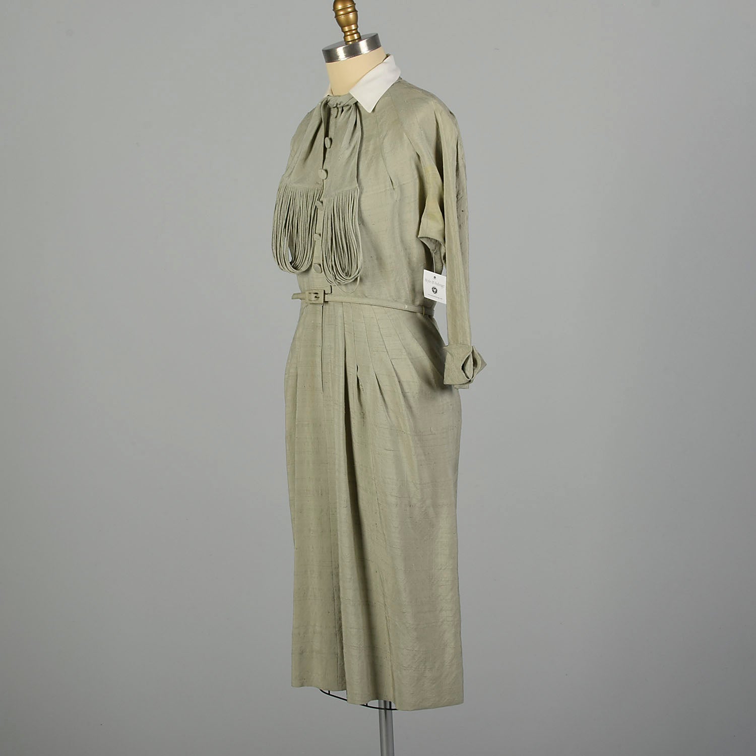 Medium 1950s Dress Designer Sage Green Lightweight Silk Long Sleeve