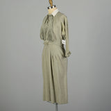 Medium 1950s Dress Designer Sage Green Lightweight Silk Long Sleeve