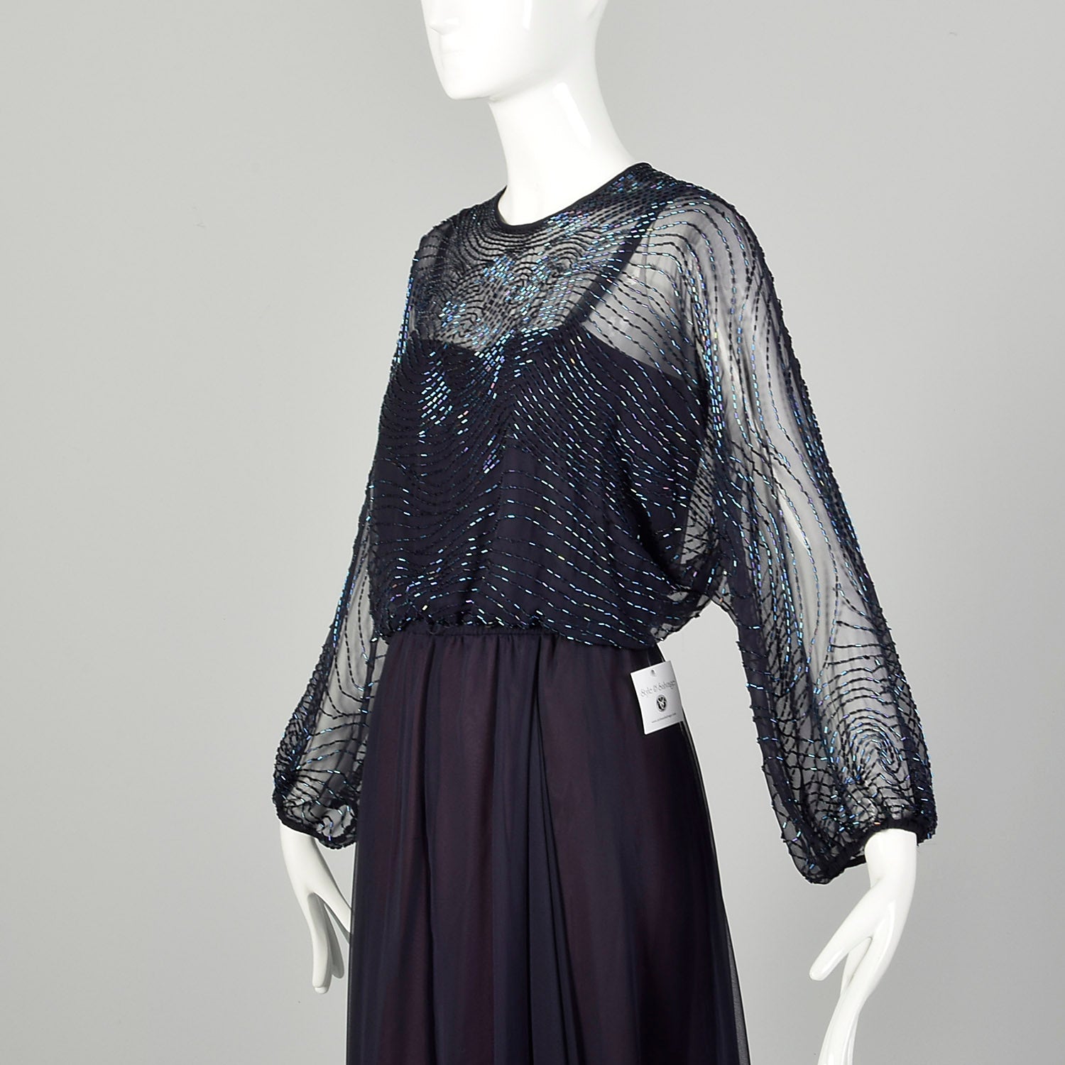 Small 1970s Jack Bryan Dress Blue Beaded Maxi Formal Disco Evening Gown