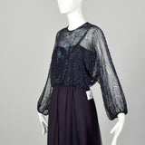 Small 1970s Jack Bryan Dress Blue Beaded Maxi Formal Disco Evening Gown