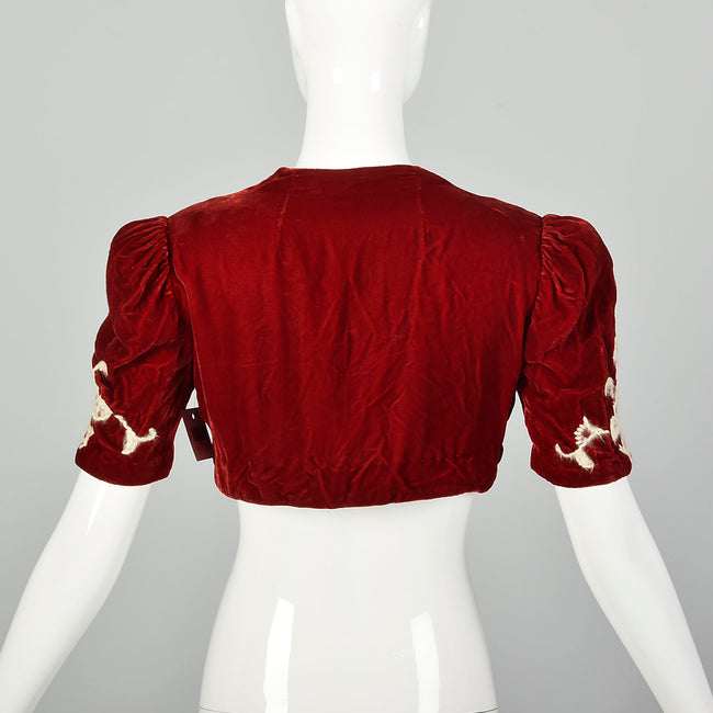 XS 1930s Red Rayon Velvet Bolero Embroidered Jacket
