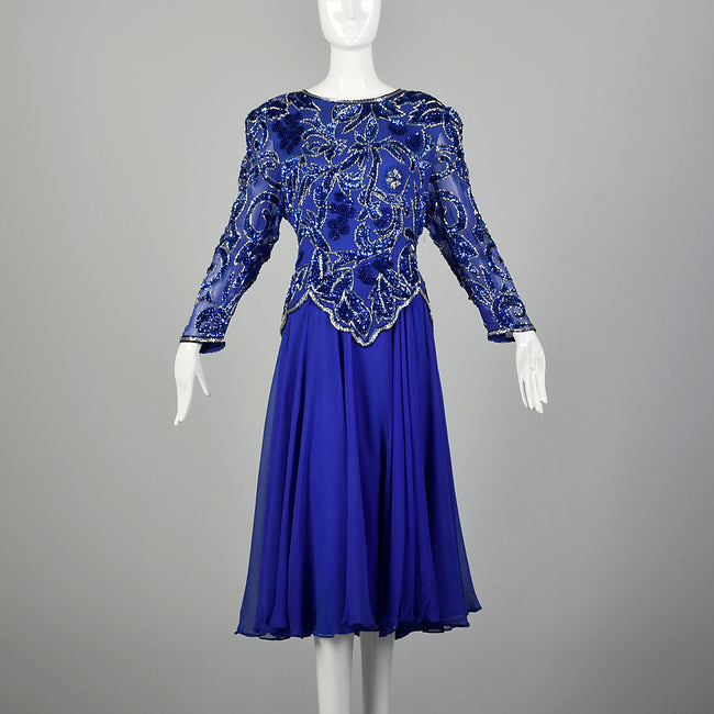 XXL Royal Blue Silk Beaded Evening Cocktail Dress Semi Formal Long Sleeve