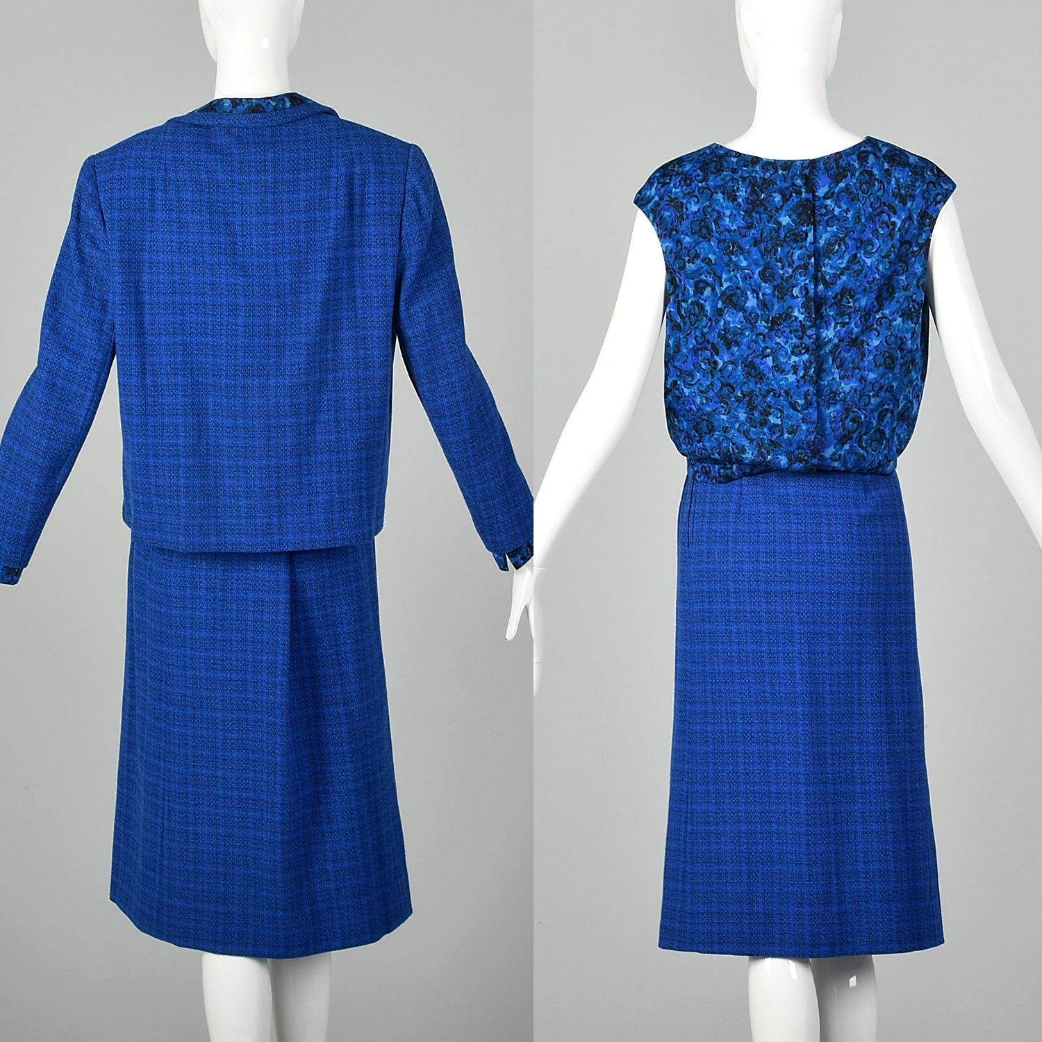 Medium 1960s Davidow Three Piece Blue Tweed Skirt Suit