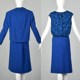 Medium 1960s Davidow Three Piece Blue Tweed Skirt Suit