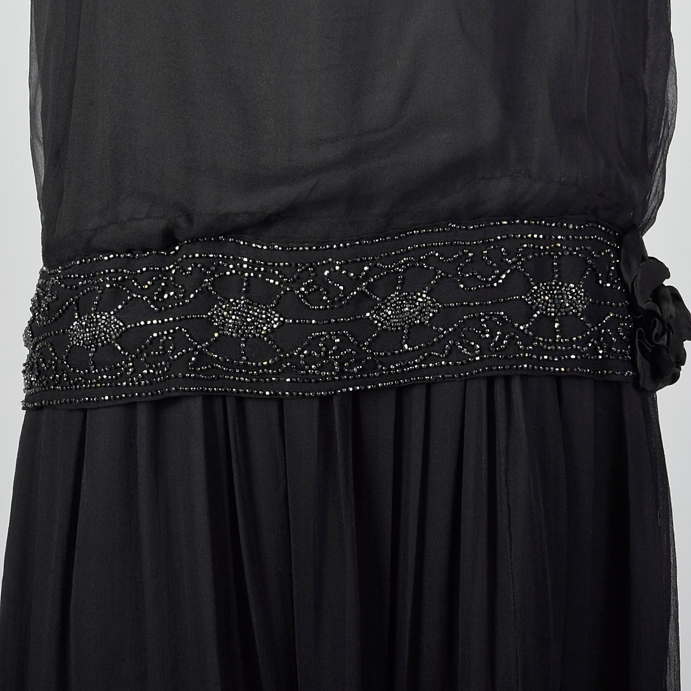 1920s Black Silk Chiffon Dress with Steel Beads