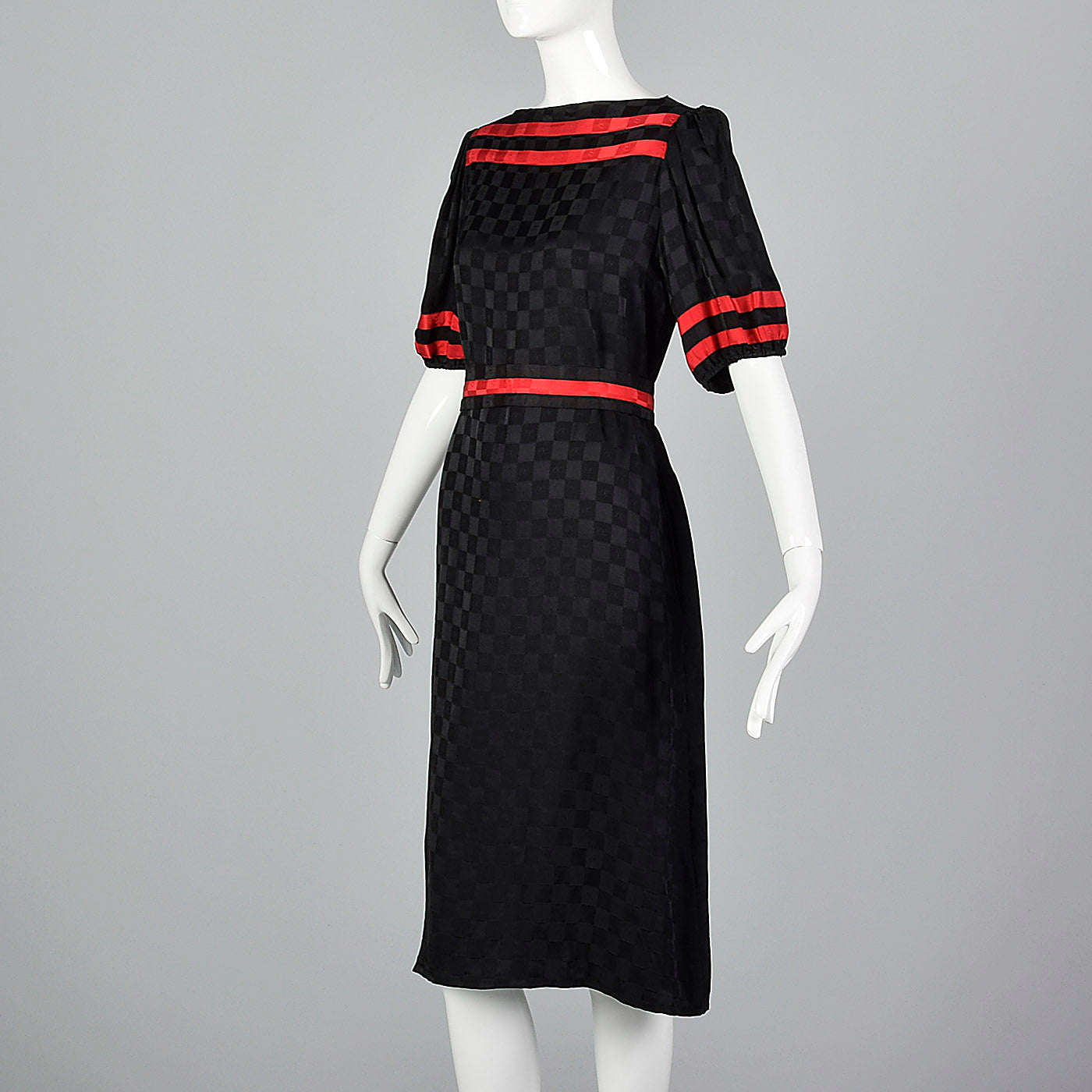 1980s Oleg Cassini Black Silk Dress with Red Trim