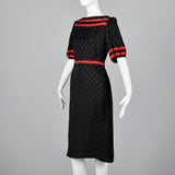 1980s Oleg Cassini Black Silk Dress with Red Trim