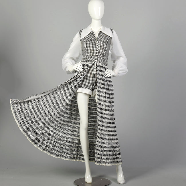Small 1970s Romper Black and White Checkered Lace Overskirt Sheer Longsleeves