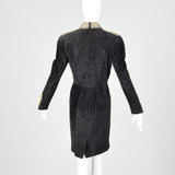1980s Michael Hoban North Beach Leather Black Leather Dress with Metallic Gold Details