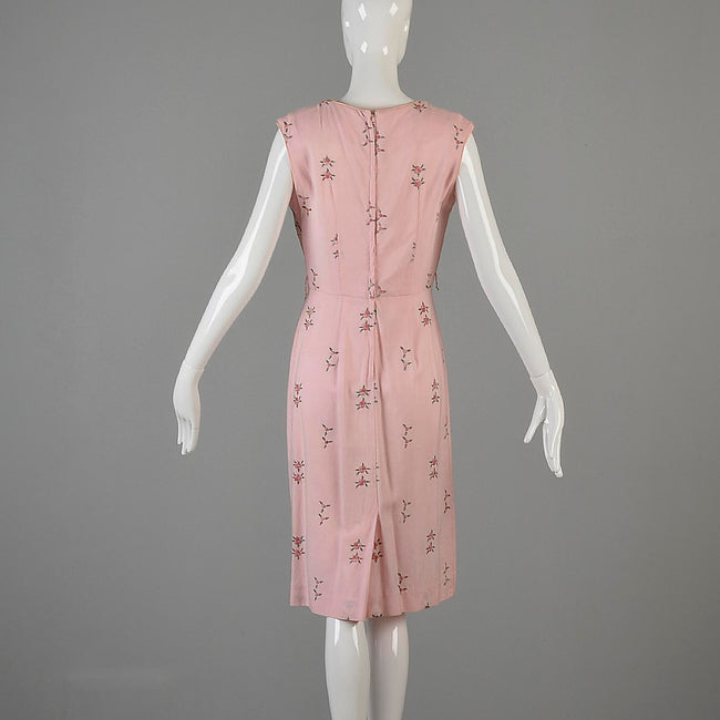 1950s Pink Sleeveless Day Dress with Floral Embroidery
