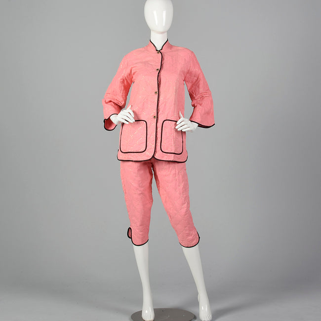 1950s Pink Quilted Pajama Set with Gold Topstitching