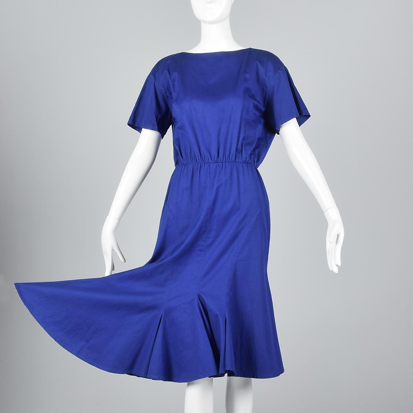 1980s Thierry Mugler Royal Blue Cotton Summer Dress with Asymmetric Hem