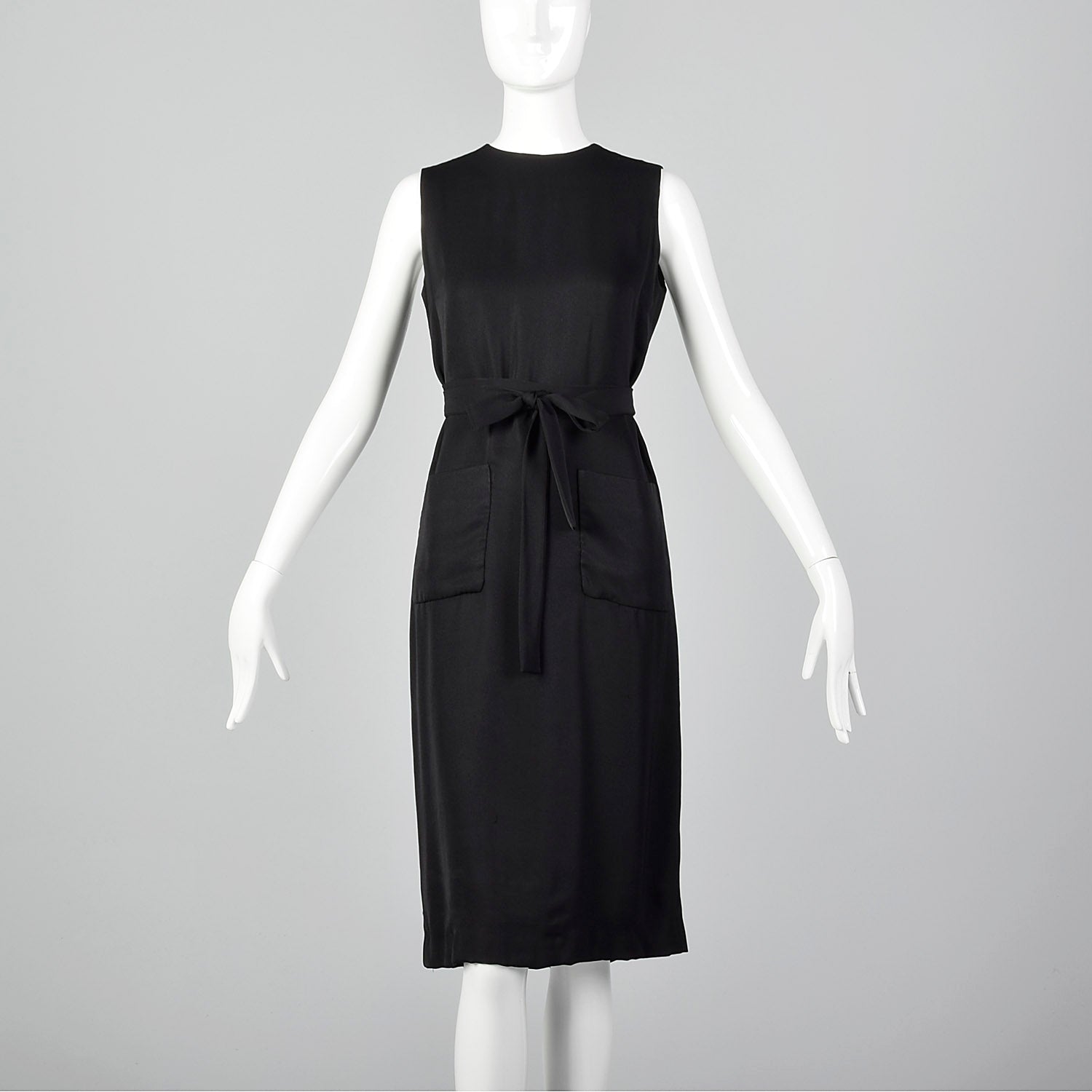 1960s Classic Little Black Dress Belted Sleeveless Shift with Patch Pockets
