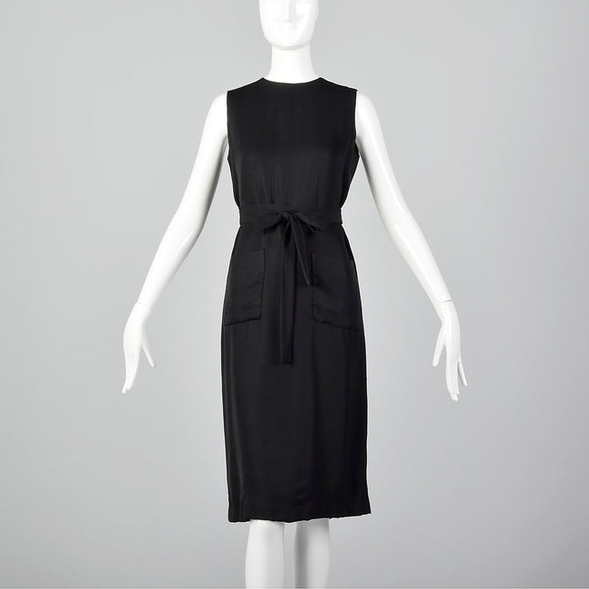 1960s Classic Little Black Dress Belted Sleeveless Shift with Patch Pockets