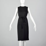 1960s Classic Little Black Dress Belted Sleeveless Shift with Patch Pockets