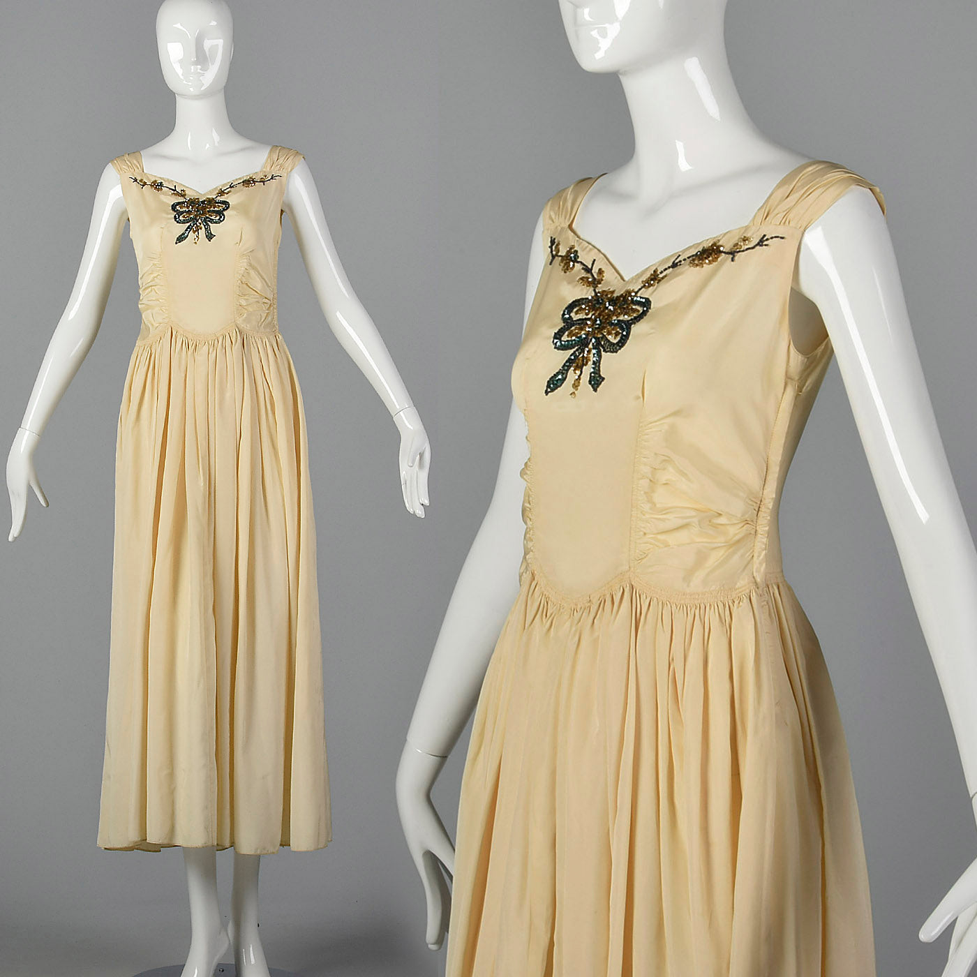 1940s Cream Taffeta Wedding Dress with Sequin Bodice