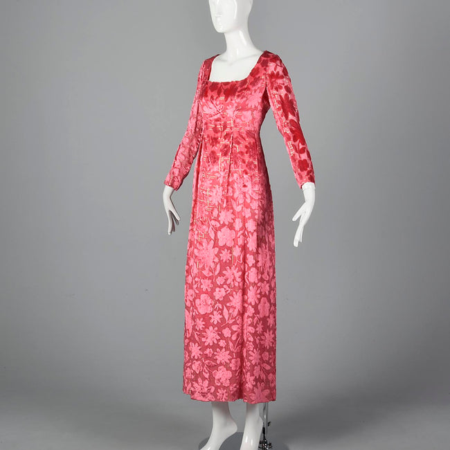 1970s Richilene Pink Burnout Velvet Empire Waist Evening Dress