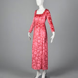 1970s Richilene Pink Burnout Velvet Empire Waist Evening Dress