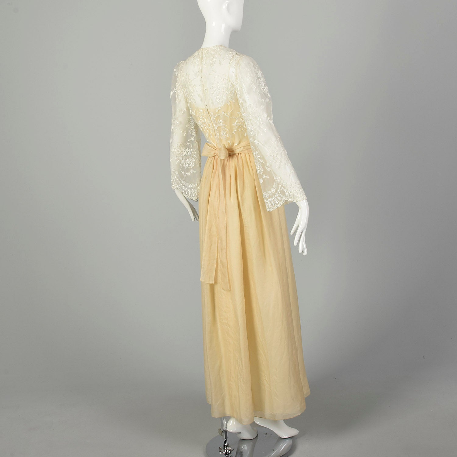 Small 1970s William Pearson Dress Cream Lace Bell Sleeve Bohemian Bridal Wedding
