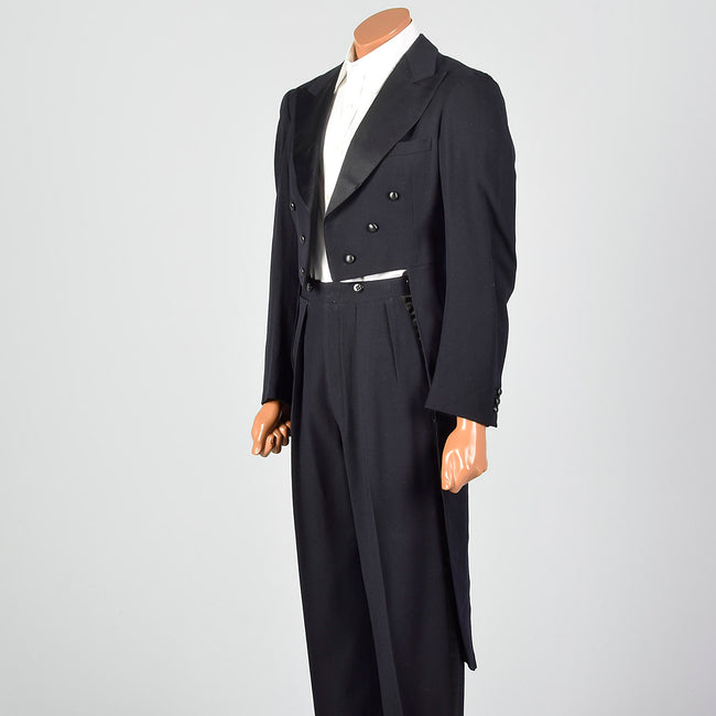 38 1930s Tuxedo Black Wool White Tie Swallowtail Coat