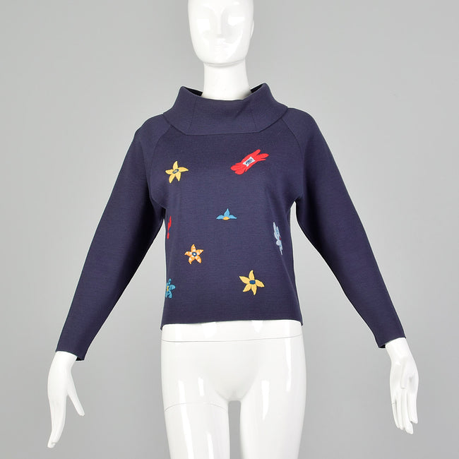 Small 1960s Navy Wool Novelty Sweater with Flower Embroidery