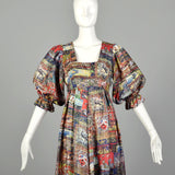 XS Maxi Dress 1970s Tie Back Waist Flowy Novelty Print