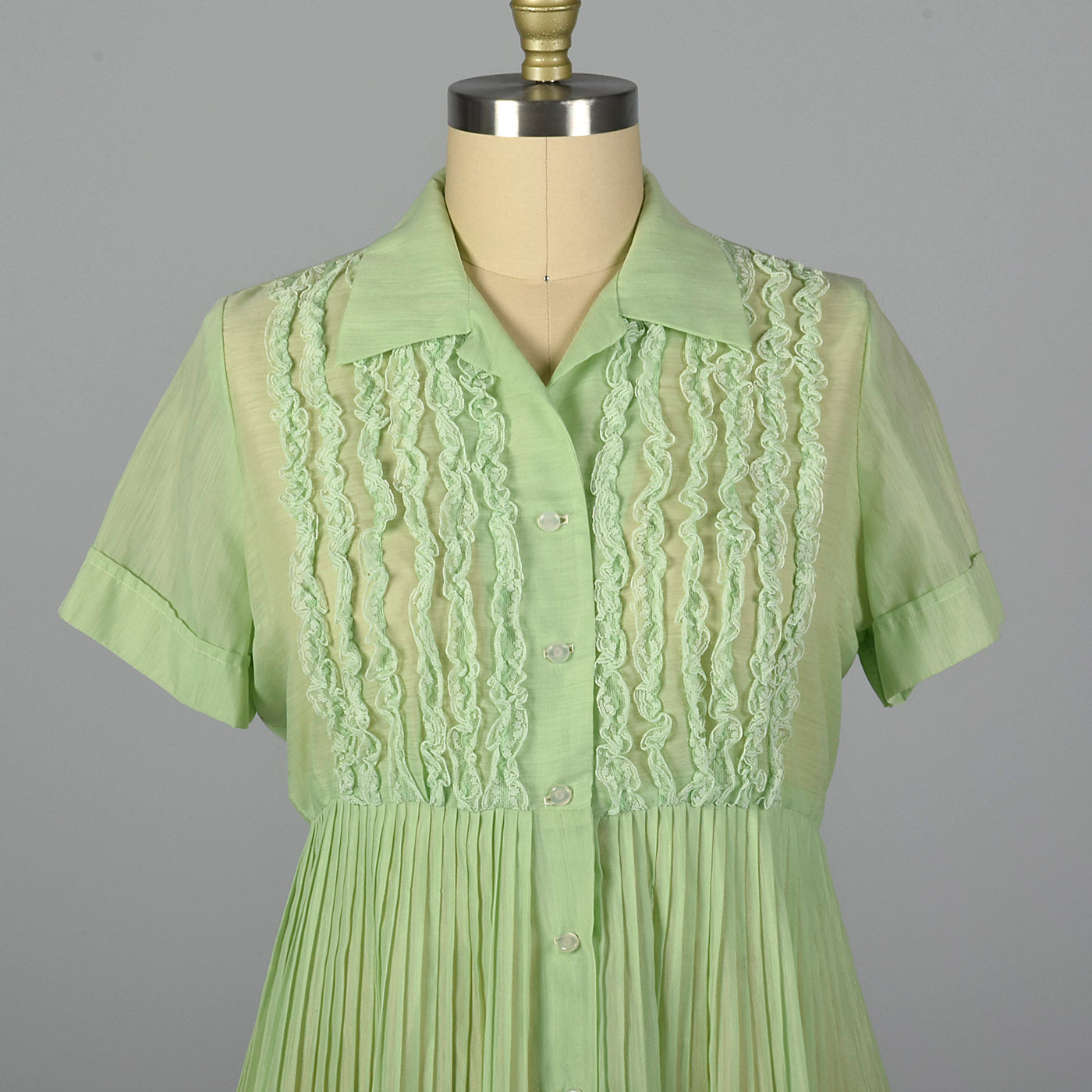 1950s Sheer Green Dress with Ruffle Bodice