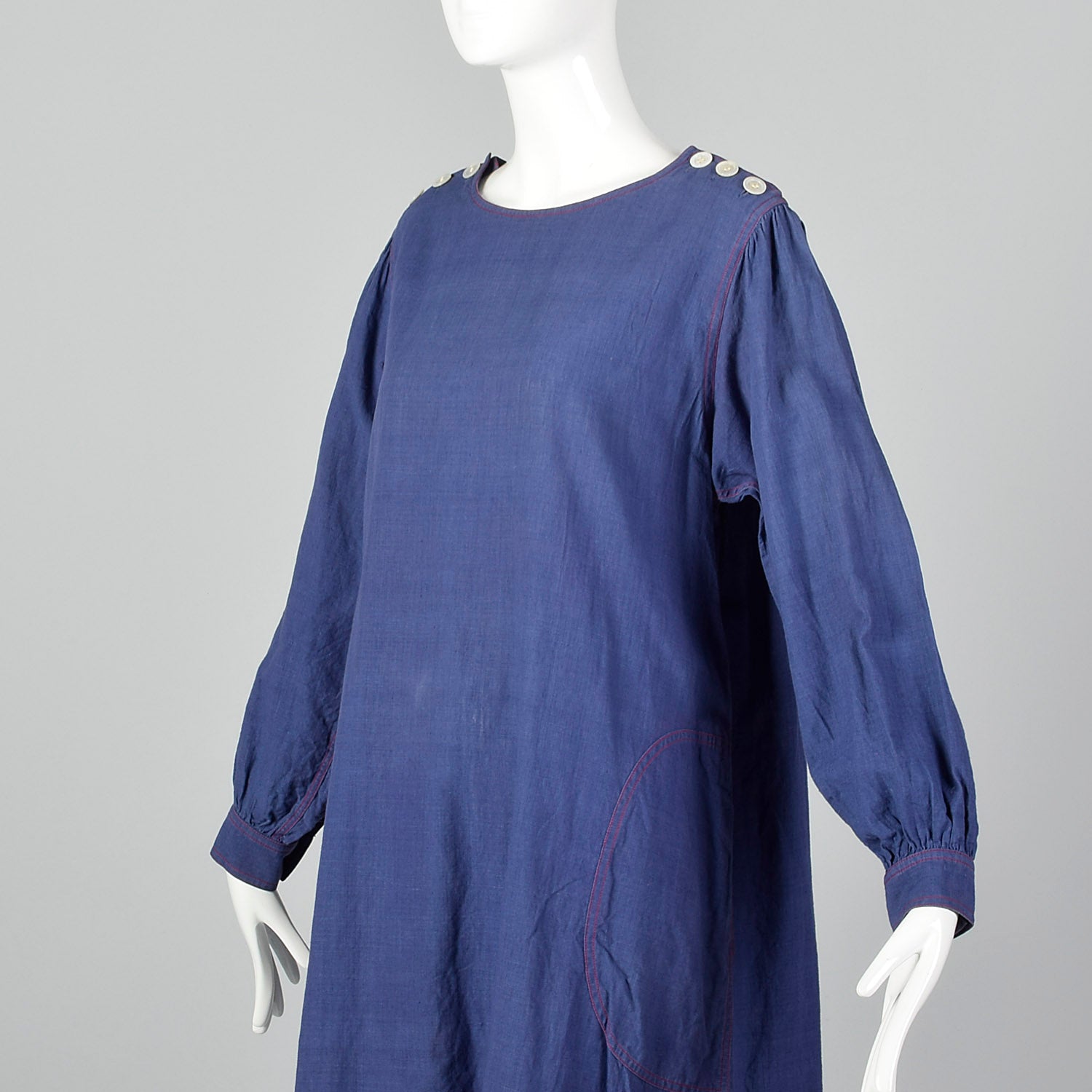 1970s Yves Saint Laurent Rive Gauche Loose Chambray Dress with Red Topstitch