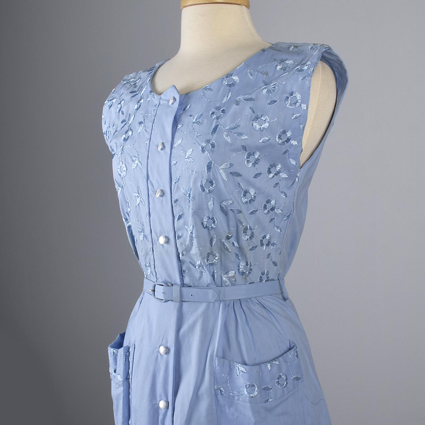 1950s Blue Day Dress with Floral Embroidery