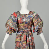 XS Maxi Dress 1970s Tie Back Waist Flowy Novelty Print