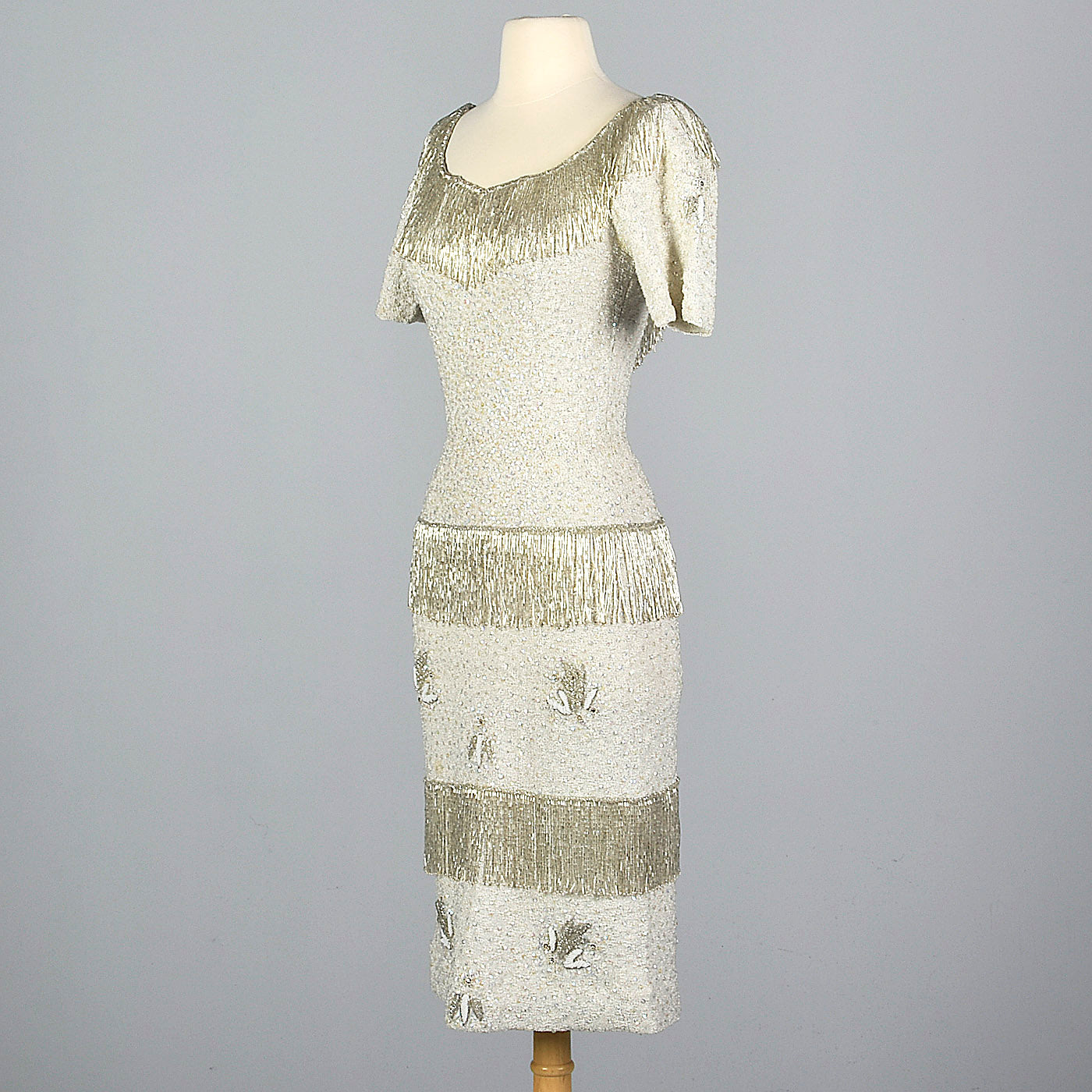 1960s Hand Knit Silver Beaded Dress with Fringe Detail