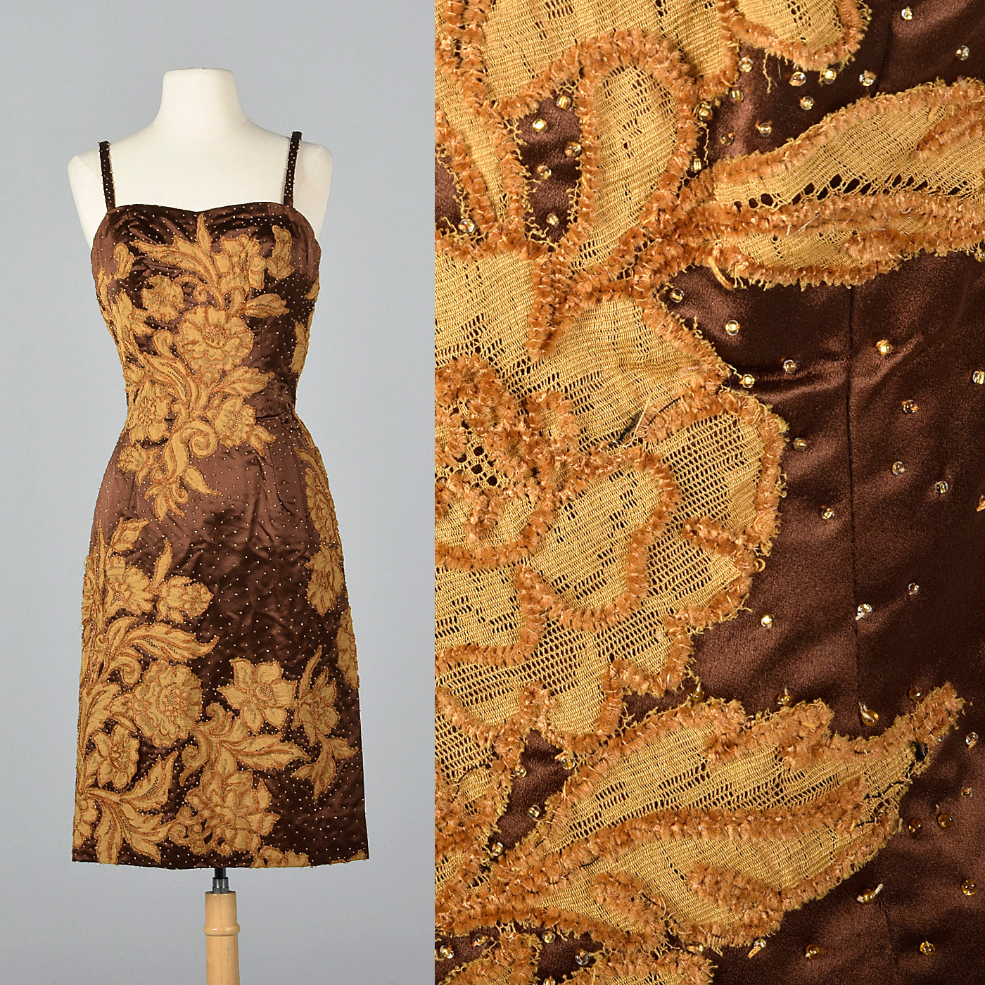 1950s Brown Dress with Lace Applique