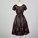 Small Suzy Perette 1950s Dress Black and Red Floral Silk Brocade with Built in Crinoline