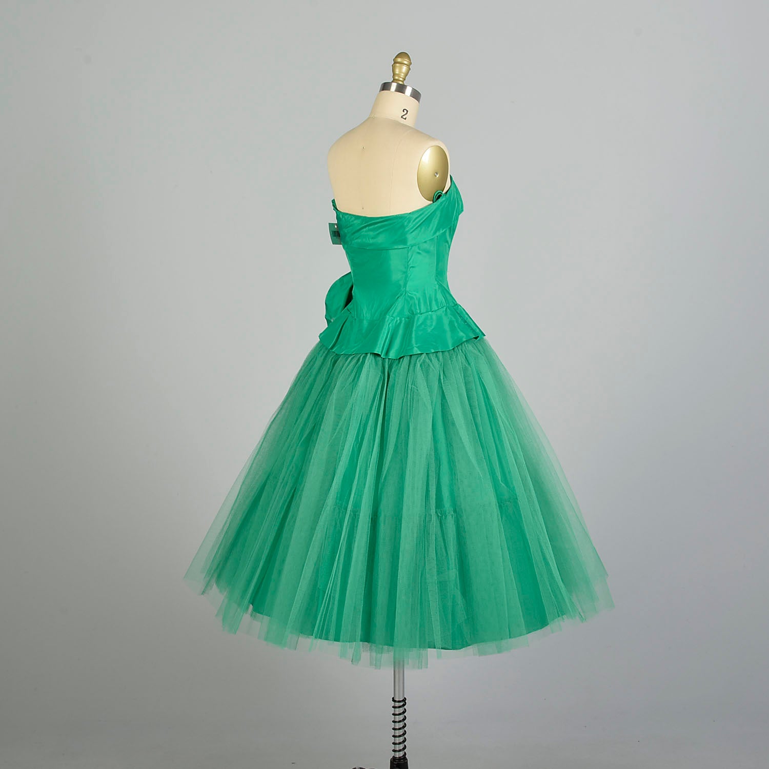 XS 1950s Kelly Green Tulle Prom Dress Strapless Taffeta Peplum Bodice Style & Salvage XS 1950s Kelly Green Tulle Prom Dress Strapless Taffeta Peplum Bodice Style & Salvage