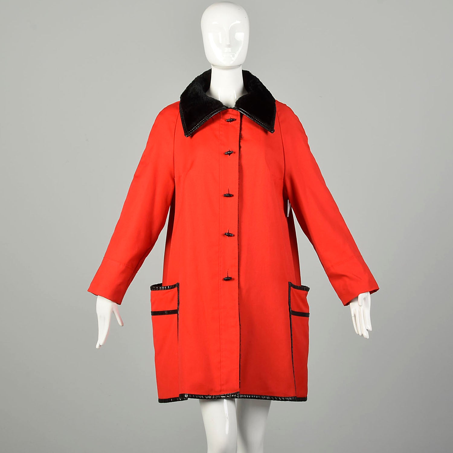 Large 1960s Coat Mod Red Canvas Faux Fur Lined Lightweight Winter Overcoat