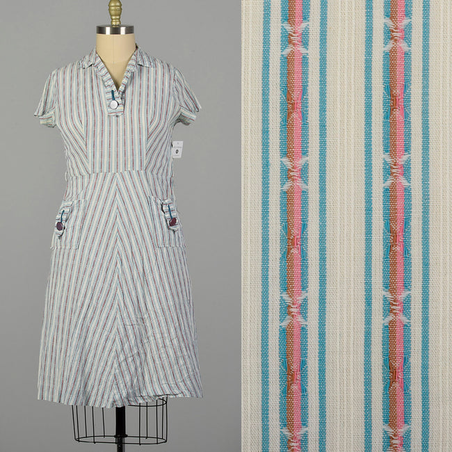 XL 1950s Day Dress Lightweight Volup Striped Casual Short Sleeve Cotton