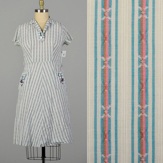 XL 1950s Day Dress Lightweight Volup Striped Casual Short Sleeve Cotton