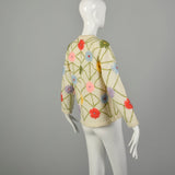 Small 1960s Embroidered Cardigan Sweater Colorful Flowers On Off-White Knit