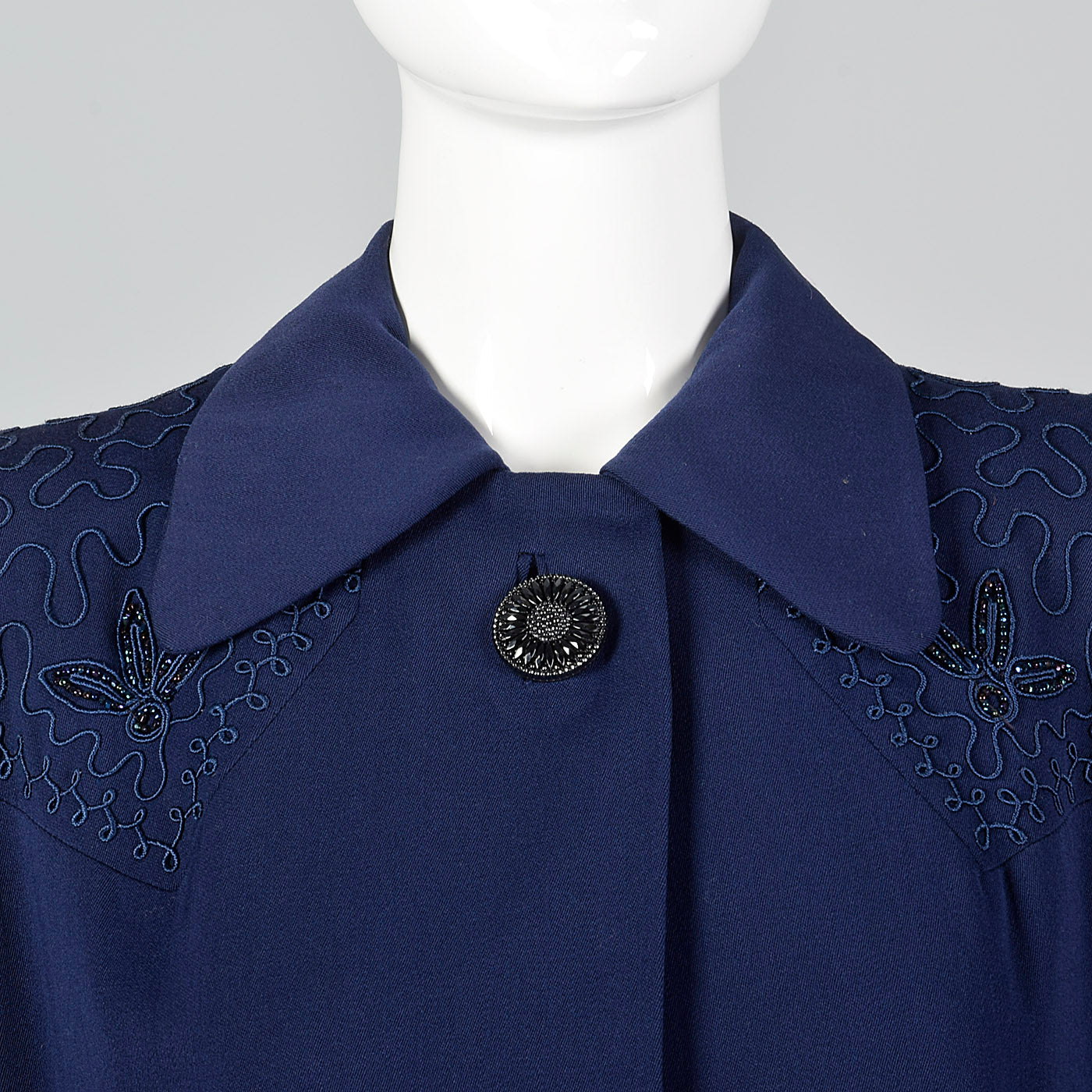 1940s Navy Blue Gabardine Swing Coat with Beading