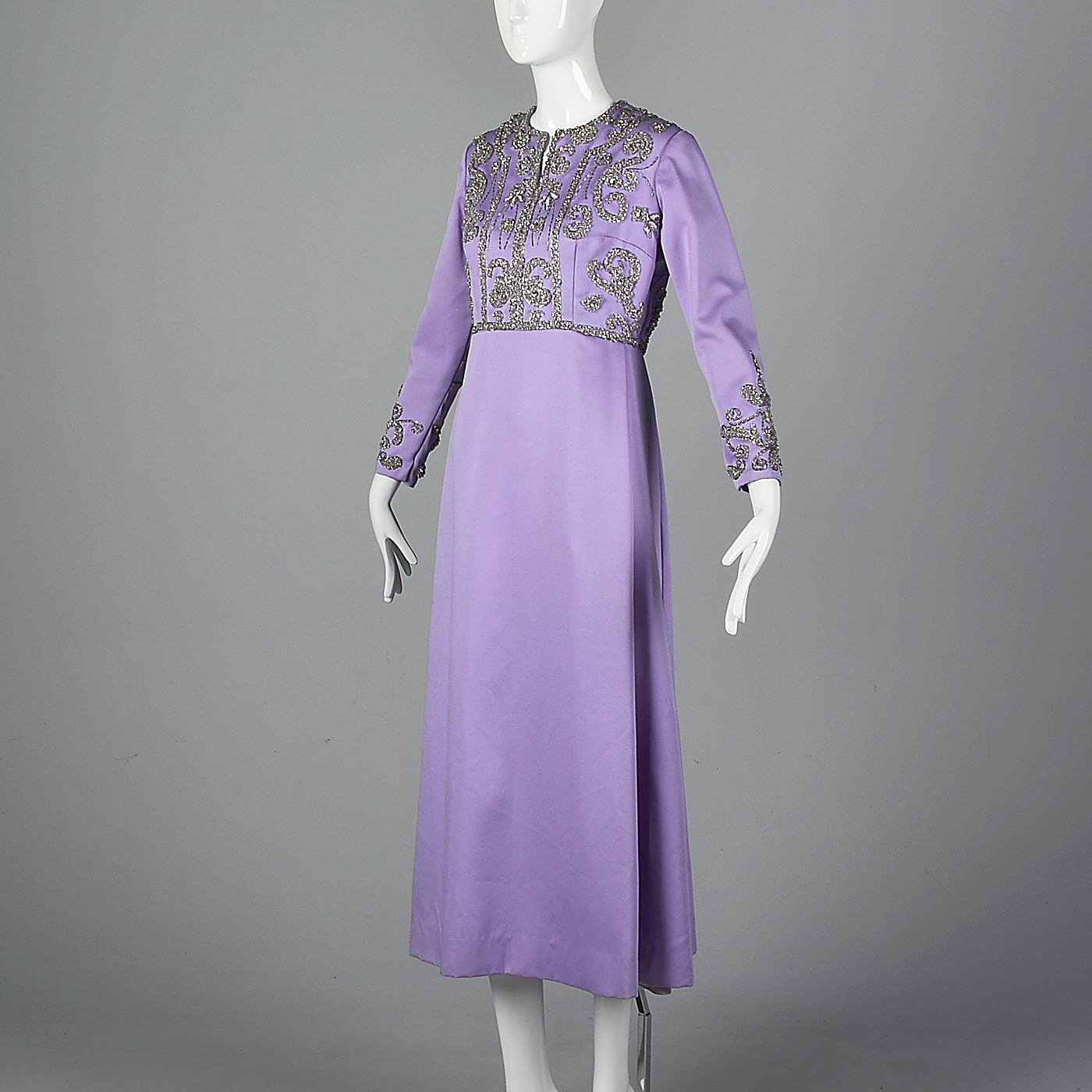 1960s Purple Statin Maxi Dress with Beaded Bodice
