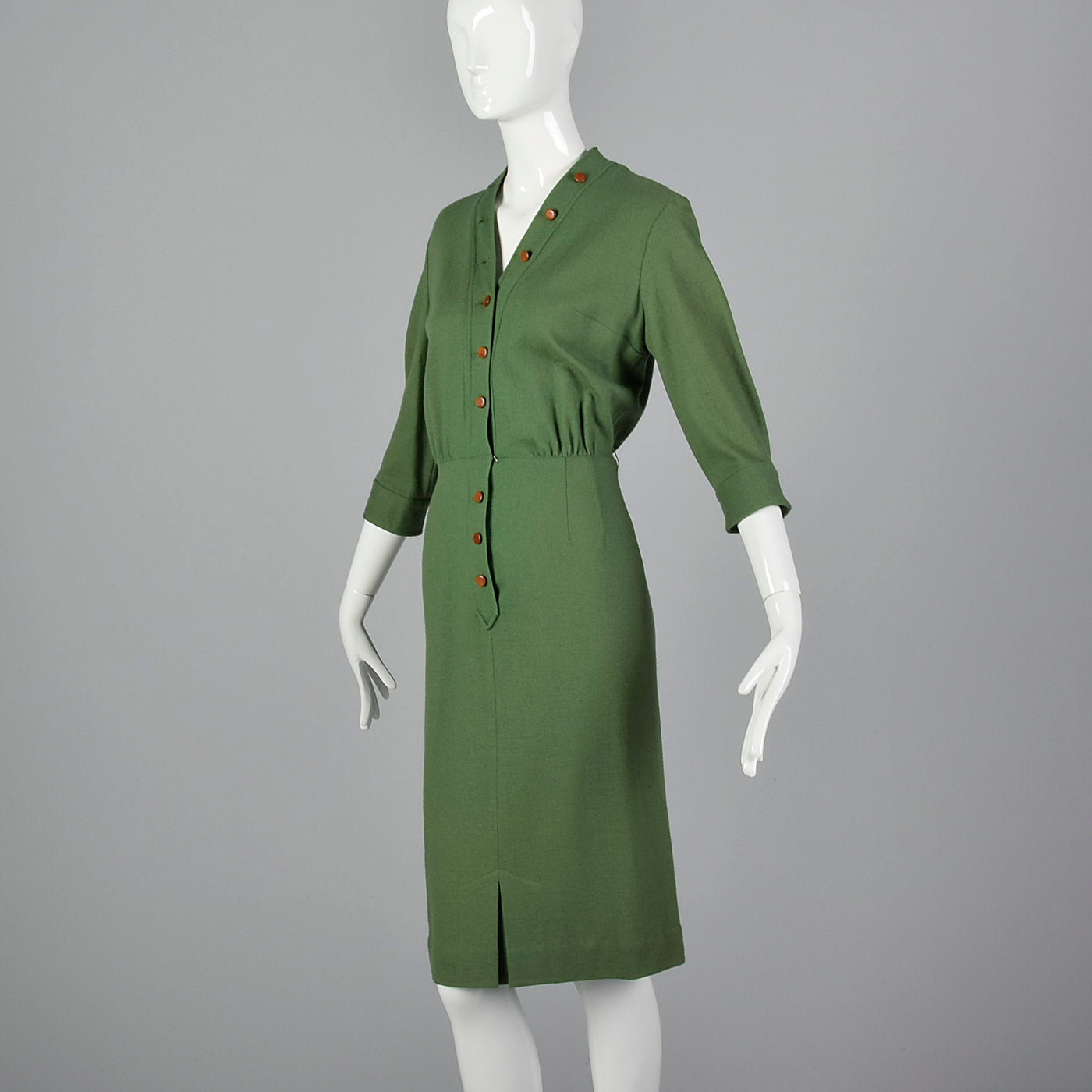1960s Green Wool Pencil Dress with Button Front