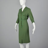 1960s Green Wool Pencil Dress with Button Front