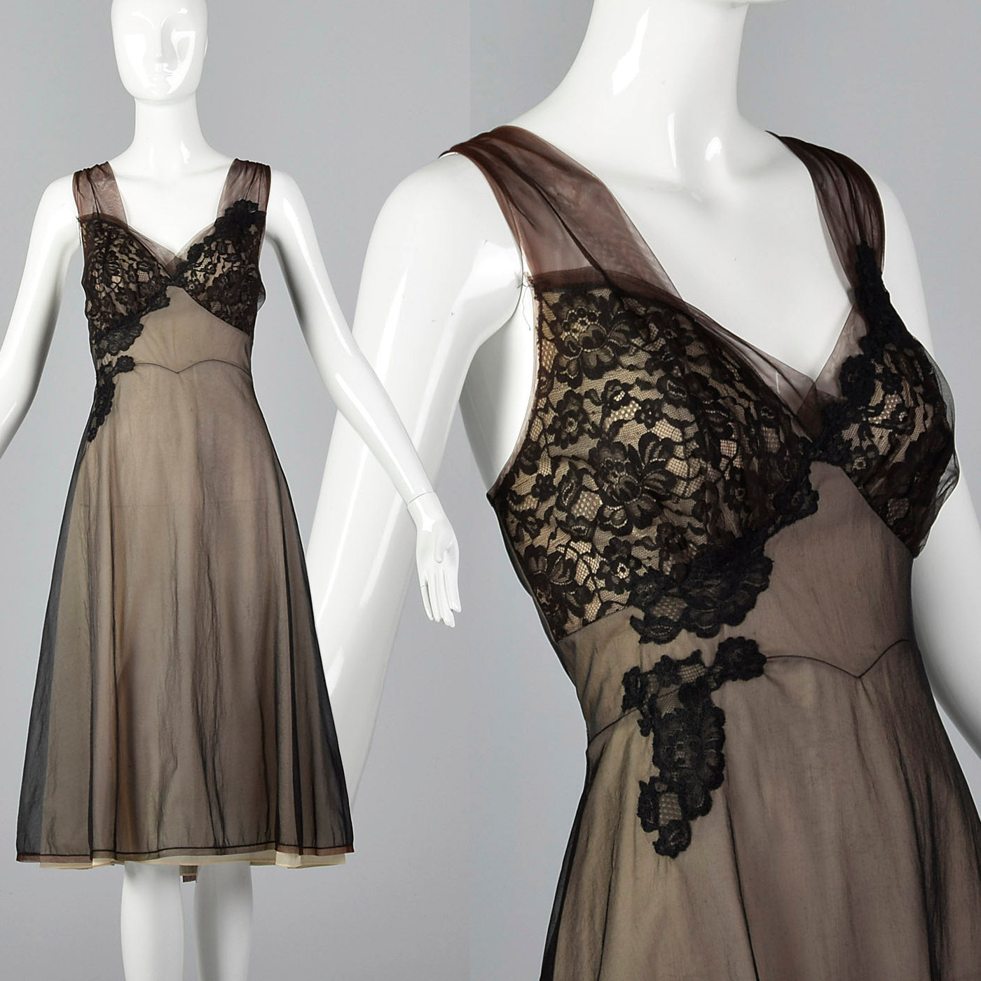 1950s Black Nightgown with Black Lace Applique