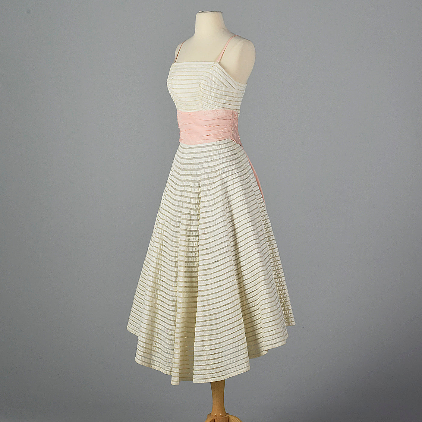 1950s White Party Dress with Sheer Mesh Stripes