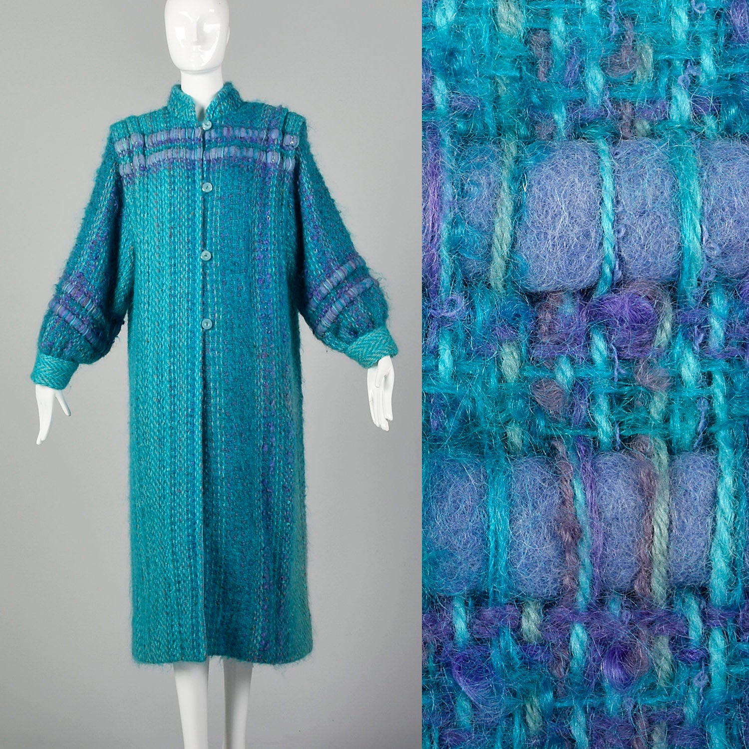 Large 1980s Teal Blue Cardigan Coat