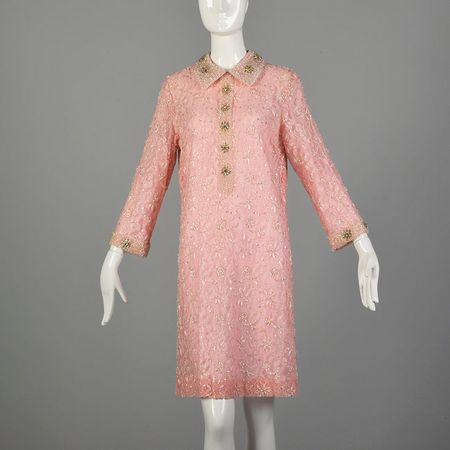 Large 1960s Mod Pink Dress Beaded Lace Long Sleeve Cocktail Party