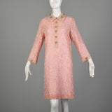 Large 1960s Mod Pink Dress Beaded Lace Long Sleeve Cocktail Party