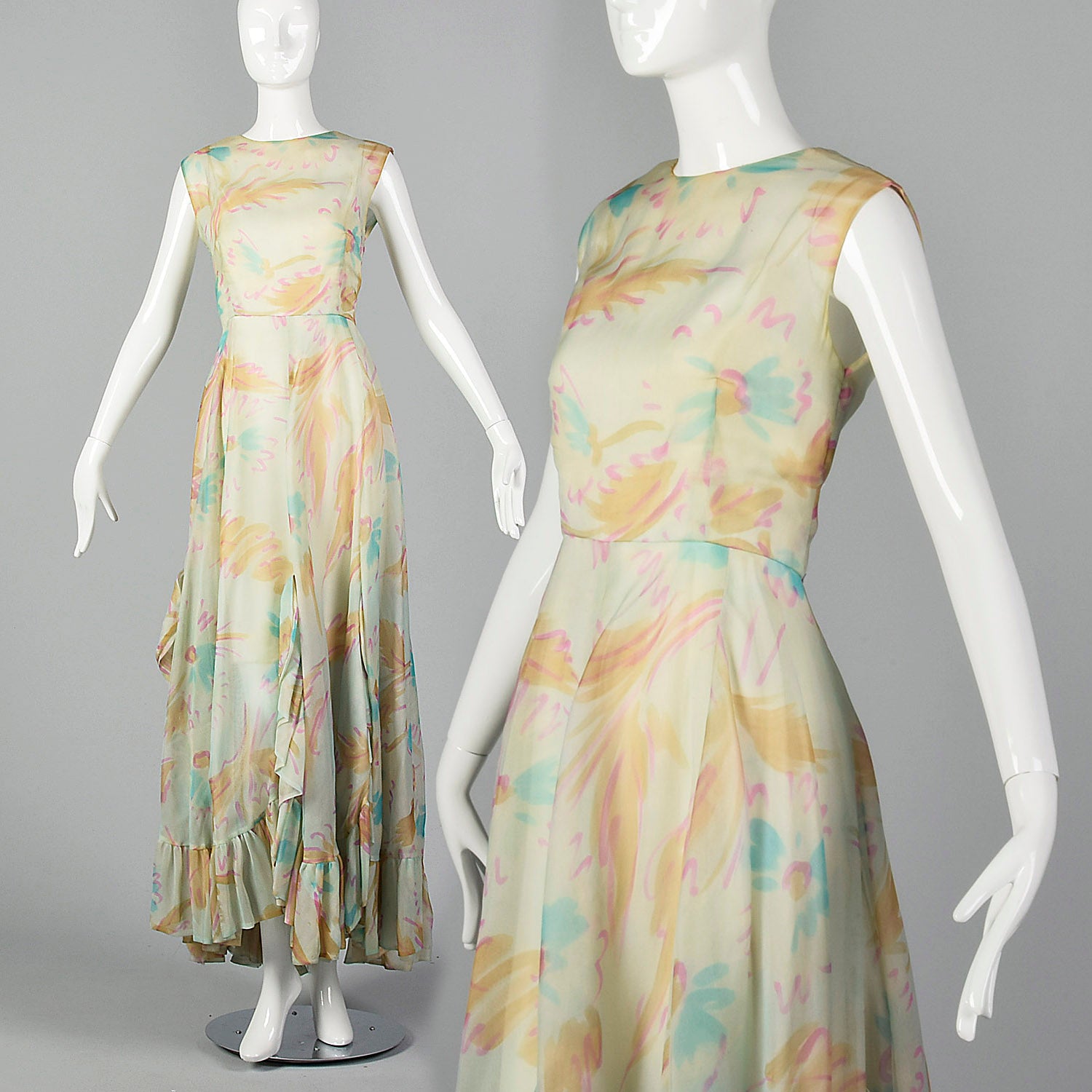Medium 1970s Ferdinando Sarmi Gown Watercolor Print Evening Formal