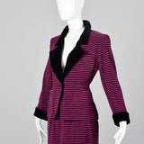 Yves Saint Laurent Rive Gauche Black & Fuchsia Striped Corduroy Skirt Suit