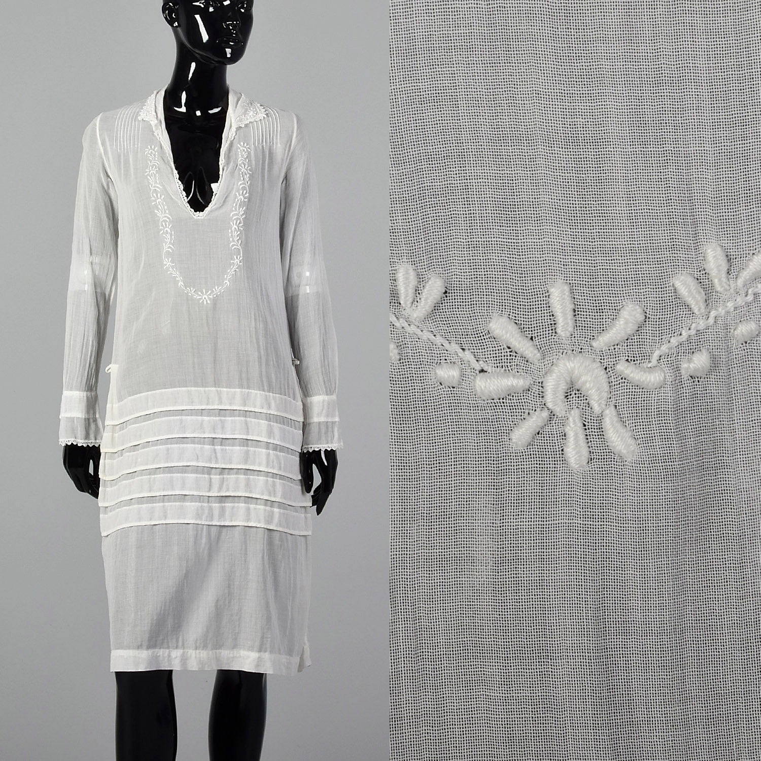 1920s Sheer White Embroidered Cotton Dress